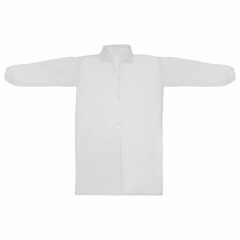 Халат одноразовый белый на липучке КОМПЛЕКТ 10 шт., 4XL 110 см, резинка, 30 г/м2, ОПТИТИТРЕЙД по низкой цене оптом Краснодар, Москва, Уфа, Казань, Барнаул, Владивосток, Хабаровск, Сахалин, Красноярск, Екатеренбург, 