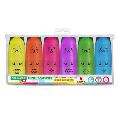 Набор текстовыделителей мини 6 ЦВЕТОВ BRAUBERG KIDS "CUTE CATS NEON", линия 1-5 мм, 152435 по низкой цене оптом Краснодар, Москва, Уфа, Казань, Барнаул, Владивосток, Хабаровск, Сахалин, Красноярск, Екатеренбург, 
