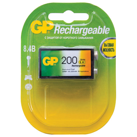 Батарейка аккумуляторная GP, Крона (20R8H, 6F22), Ni-Mh, 200 mAh, 1 шт., в блистере, 20R8H-2CRU1 по низкой цене оптом 