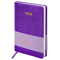 Ежедневник датированный 2024 А5 138x213мм BRAUBERG Sparkle, под кожу, блестки, фиолетовый, 114932