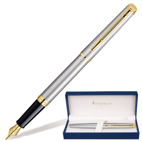 Ручка подарочная перьевая WATERMAN "Hemisphere Stainless Steel GT", серебристый корпус, позолоченные детали, синяя, S0920310 по низкой цене оптом Краснодар, Москва, Уфа, Казань, Барнаул, Владивосток, Хабаровск, Сахалин, Красноярск, Екатеренбург, 