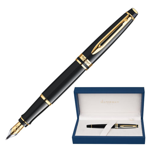 Ручка подарочная перьевая WATERMAN "Expert 3 Black Lacquer GT", черный лак, позолоченные детали, синяя, S0951640 по низкой цене оптом 