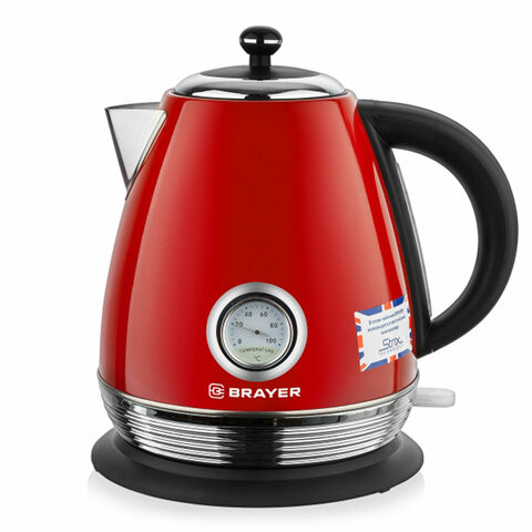 Чайник с термометром BRAYER BR1007RD, 1,7 л, 2200 Вт, закрытый нагревательный элемент, сталь, красный по низкой цене оптом Краснодар, Москва, Уфа, Казань, Барнаул, Владивосток, Хабаровск, Сахалин, Красноярск, Екатеренбург, 