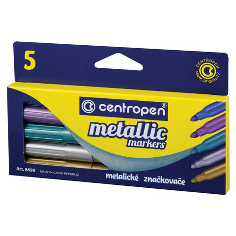 Фломастеры "МЕТАЛЛИК" 5 ЦВЕТОВ CENTROPEN "Metallic", эргономичные, вентилируемый колпачок, 8690/5KK, 6 8690 0501 по низкой цене оптом 