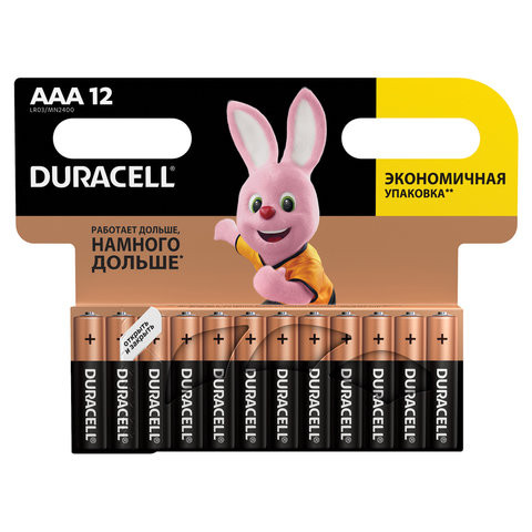 Батарейки КОМПЛЕКТ 12 шт, DURACELL Basic, AAA (LR03, 24А), алкалиновые, мизинчиковые, блистер по низкой цене оптом 