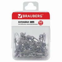 Булавки английские BRAUBERG, 32 мм, никелированные, 50 шт., в пластиковой коробке с европодвесом, 223970
