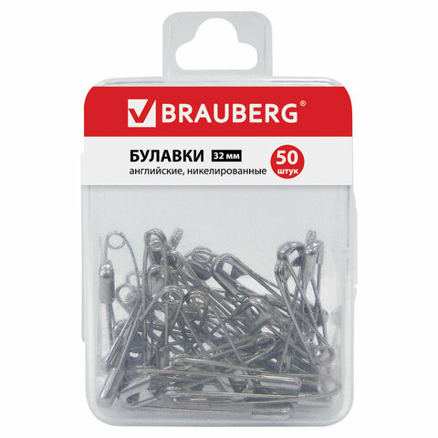 Булавки английские BRAUBERG, 32 мм, никелированные, 50 шт., в пластиковой коробке с европодвесом, 223970 по низкой цене оптом Краснодар, Москва, Уфа, Казань, Барнаул, Владивосток, Хабаровск, Сахалин, Красноярск, Екатеренбург, 