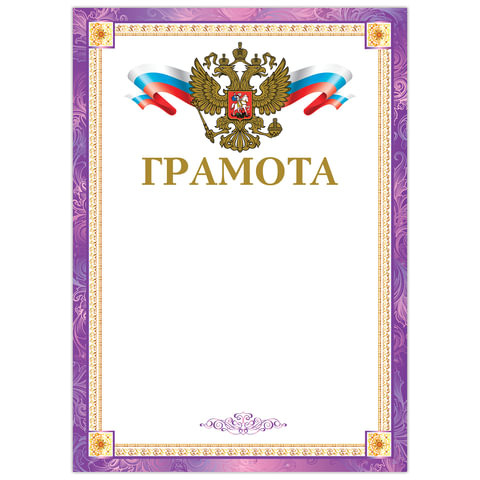Грамота А4, мелованный картон, конгрев, тиснение фольгой, фиолетовая рамка, BRAUBERG, 128360 по низкой цене оптом 