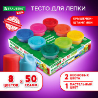Пластилин-тесто для лепки BRAUBERG KIDS, 8 цветов, 400г, яркие классические цвета, крышки - штампики, 106720, TA1045