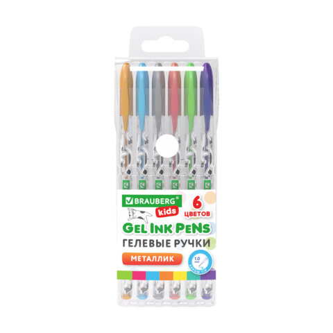 Ручки гелевые МЕТАЛЛИК BRAUBERG KIDS "CUTE ANIMALS", НАБОР 6 ЦВЕТОВ, корпус с печатью, узел 1 мм, линия письма 0,7 мм, 144440 по низкой цене оптом 