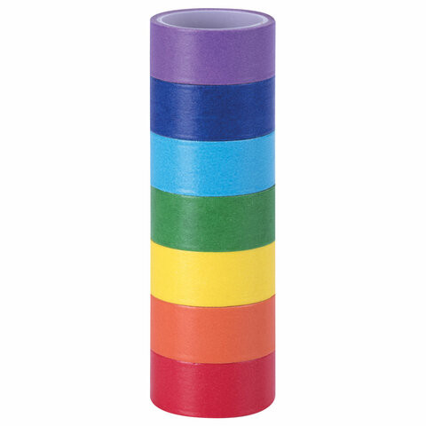 Клейкие WASHI-ленты для декора РАДУЖНЫЕ, однотонные, 15 мм х 3 м, 7 цветов, рисовая бумага, ОСТРОВ СОКРОВИЩ, 661702 по низкой цене оптом 