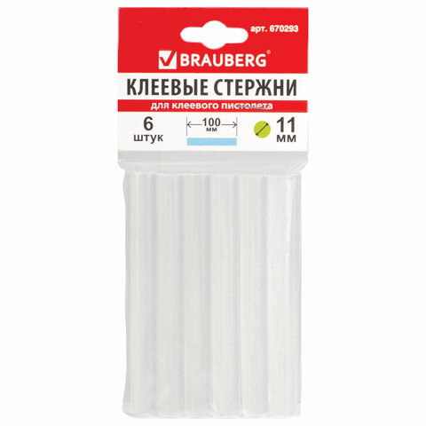 Клеевые стержни, диаметр 11 мм, длина 100 мм, прозрачные, комплект 6 шт., BRAUBERG, европодвес, 670293 по низкой цене оптом 
