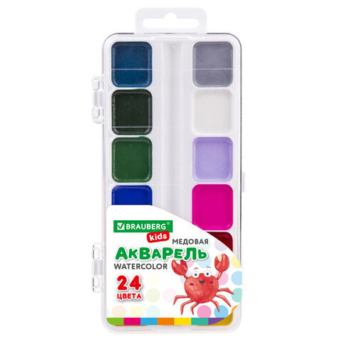 Краски акварельные BRAUBERG "KIDS", медовые, 24 цвета, квадратные кюветы, пластиковый пенал, 192284 по низкой цене оптом 