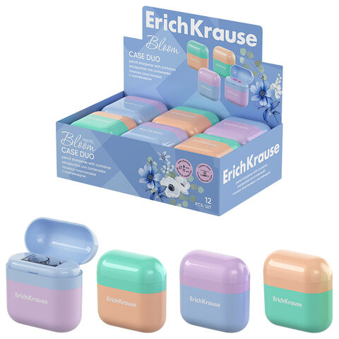 Точилка ERICH KRAUSE Case Duo Pastel Bloom, 2 отверстия, с контейнером, пластиковая,, 59989 по низкой цене оптом 