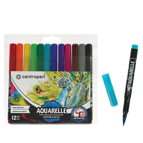 Маркеры-кисти акварельные 12 ЦВЕТОВ CENTROPEN "Aquarelle", линия письма 1-9 мм, 8683/12ET, 6 8683 1201 по низкой цене оптом Краснодар, Москва, Уфа, Казань, Барнаул, Владивосток, Хабаровск, Сахалин, Красноярск, Екатеренбург, 