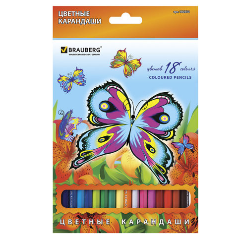 Карандаши цветные BRAUBERG "Wonderful butterfly", 18 цветов, заточенные, картонная упаковка с блестками, 180550 по низкой цене оптом 