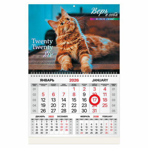 Календарь квартальный 2026г, 1 блок 1 гребень, магнитный курсор, мелованная бумага, BRAUBERG, Котик, 116923 по низкой цене оптом 
