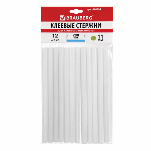 Клеевые стержни, диаметр 11 мм, длина 200 мм, прозрачные, комплект 12 шт., BRAUBERG, европодвес, 670294 по низкой цене оптом 