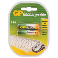 Батарейки аккумуляторные GP, AAA, Ni-Mh, 750 mAh, КОМПЛЕКТ 2 шт., блистер, 75AAAHC-2DECRC2