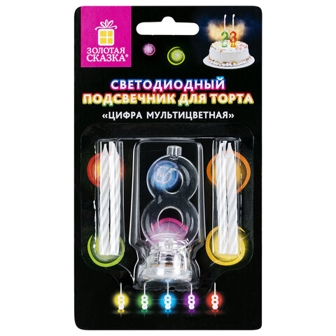 Цифра-подсвечник "8" светодиодная, ЗОЛОТАЯ СКАЗКА, в наборе 4 свечи 6 см, 1 батарейка, 591431 по низкой цене оптом 