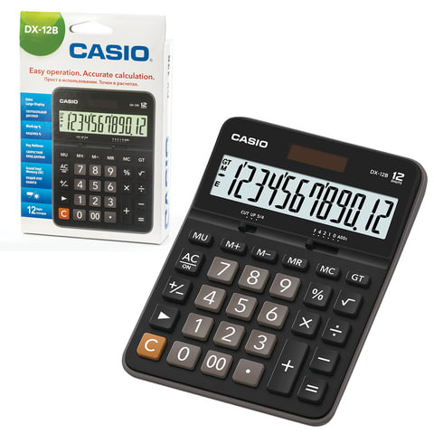 Калькулятор настольный CASIO DX-12B-W (175х129 мм), 12 разрядов, двойное питание, черный, DX-12B-W-EC по низкой цене оптом 