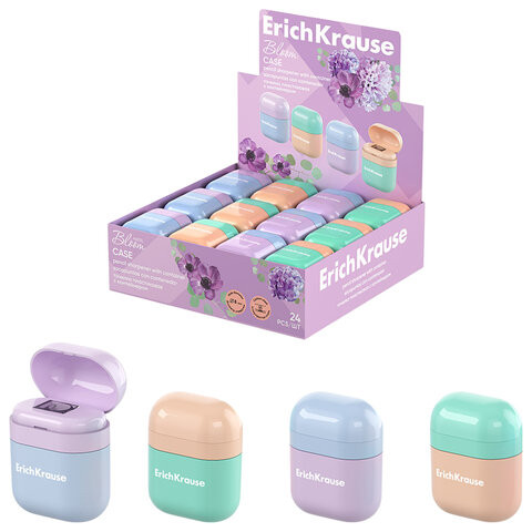 Точилка ERICH KRAUSE Case Pastel Bloom с контейнером, пластиковая, корпус ассорти, 60, 60039 по низкой цене оптом 