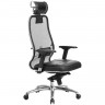 Кресло офисное МЕТТА "SAMURAI" SL-3.04, с подголовником, сверхпрочная ткань-сетка/кожа, черное