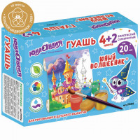 Гуашь ЮНЛАНДИЯ "ЮНЫЙ ВОЛШЕБНИК" 4+2 цвета (золотистый+серебристый) по 20 мл, без кисти, картонная упаковка, 191516