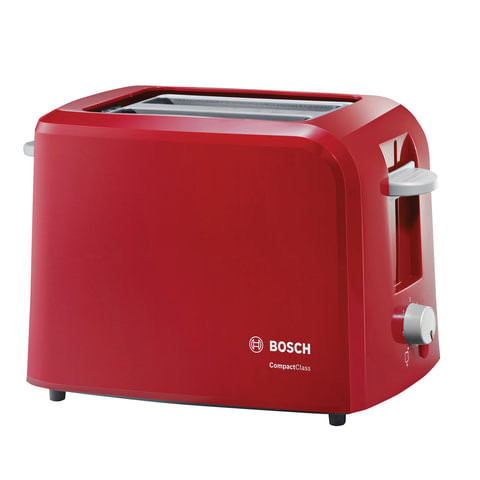 Тостер BOSCH TAT3A014, 900 Вт, 2 тоста, разморозка, подогрев, решетка для булочек, пластик, красный по низкой цене оптом 