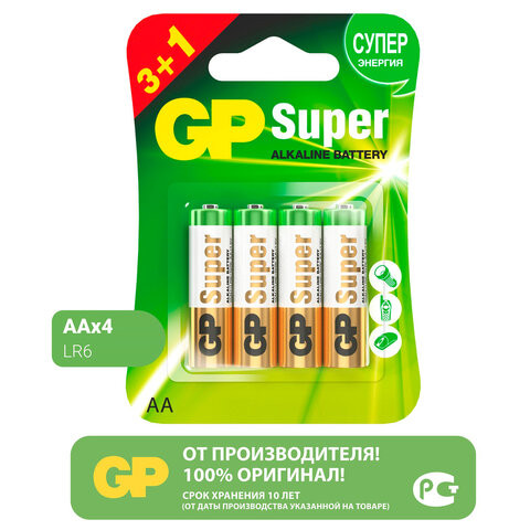 Батарейки GP Super, AA (LR6, 15А), алкалиновые, пальчиковые, КОМПЛЕКТ 4 шт., ПРОМО 3+1, 15A3/1-2CR4 по низкой цене оптом 