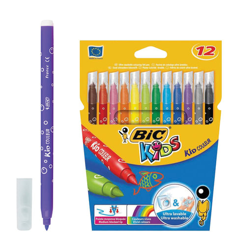 Фломастеры BIC "Kid Couleur", 12 цветов, суперсмываемые, вентилируемый колпачок, европодвес, 9202932 по низкой цене оптом Краснодар, Москва, Уфа, Казань, Барнаул, Владивосток, Хабаровск, Сахалин, Красноярск, Екатеренбург, 
