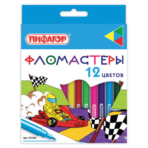 Фломастеры ПИФАГОР "Гонщики", 12 цветов, вентилируемый колпачок, 151393 по низкой цене оптом 