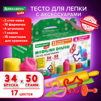 Пластилин-тесто для лепки BRAUBERG KIDS, 34шт, 1700г, 2 стека,10 формочек,4 штампика,1 скалка, 10 пакетиков для хранения,106723, TA1084