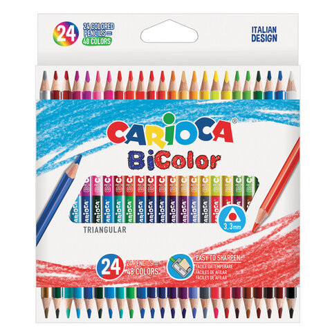 Карандаши двусторонние CARIOCA "Bi-color", 24 штуки, 48 цветов, трехранные, заточенные, 43031 по низкой цене оптом Краснодар, Москва, Уфа, Казань, Барнаул, Владивосток, Хабаровск, Сахалин, Красноярск, Екатеренбург, 
