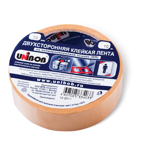 Клейкая двухсторонняя лента 25 мм х 10 м, ПОЛИПРОПИЛЕНОВАЯ ОСНОВА, UNIBOB, 38915 по низкой цене оптом 
