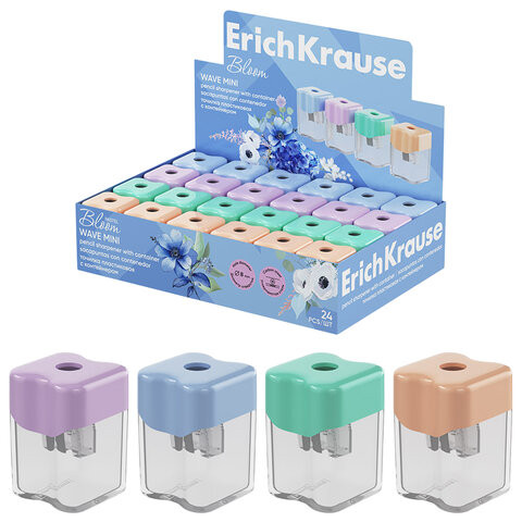 Точилка ERICH KRAUSE Wave Mini Pastel Bloom с контейнером, пластиковая, корпус ассорт, 60044 по низкой цене оптом 