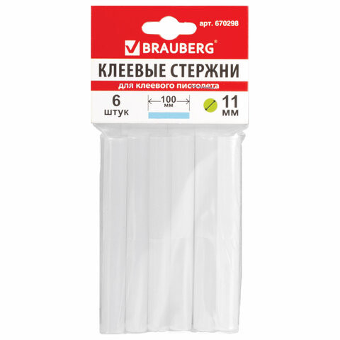 Клеевые стержни, диаметр 11 мм, длина 100 мм, белые, комплект 6 штук, BRAUBERG, европодвес, 670298 по низкой цене оптом 