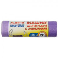 Мешки для мусора с завязками LAIMA "ULTRA" 35 л, фиолетовые, 20 шт., прочные, ПНД 13 мкм, 50х60 см, 607685