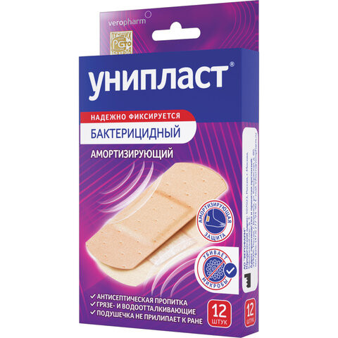 Набор лейкопластырей бактерицидных 12 шт. УНИПЛАСТ, 1,9х7,2 см, амортизирующие, 20034948 по низкой цене оптом 