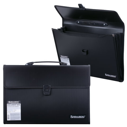 Папка-портфель пластиковая BRAUBERG А4+ (390х260х40 мм), 3 отделения, фактура линейная, черная, 221389 по низкой цене оптом Краснодар, Москва, Уфа, Казань, Барнаул, Владивосток, Хабаровск, Сахалин, Красноярск, Екатеренбург, 