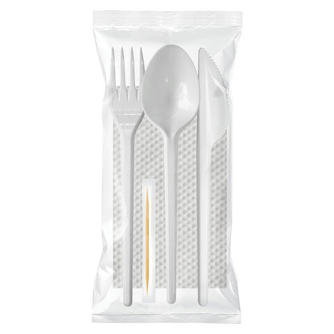 Набор одноразовых приборов №5 на 1 персону 5 предм. (вилка, ложка, нож, салфетка зубо по низкой цене оптом 
