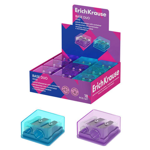 Точилка ERICH KRAUSE Base Duo Vivid, с контейнером, пластиковая, корпус ассорти, 6008, 60081 по низкой цене оптом 