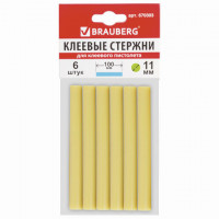 Клеевые стержни, диаметр 11 мм, длина 100 мм, желтые, комплект 6 штук, BRAUBERG, европодвес, 670303