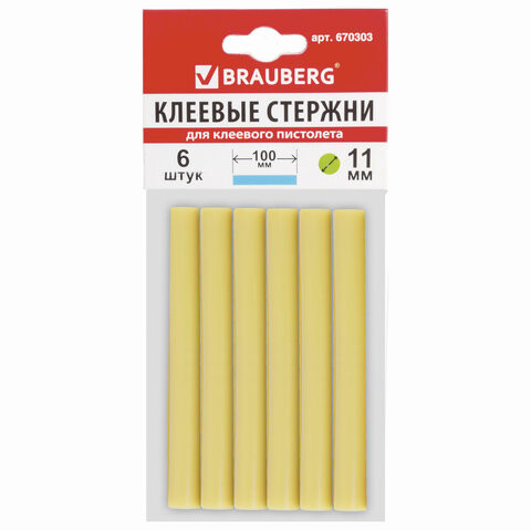 Клеевые стержни, диаметр 11 мм, длина 100 мм, желтые, комплект 6 штук, BRAUBERG, европодвес, 670303 по низкой цене оптом 