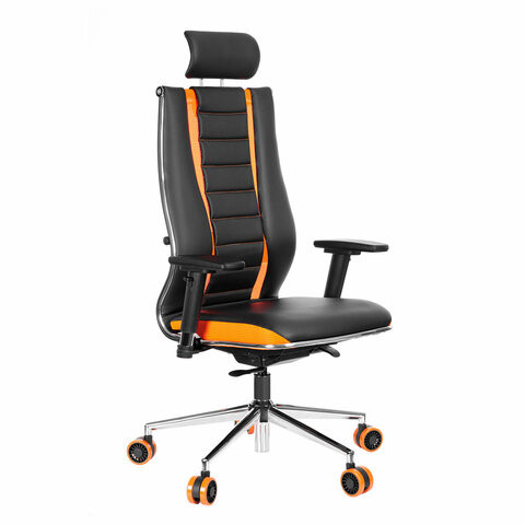 Кресло компьютерное МЕТТА "ErgoLife" 10 B2-160D, 2D-подголовник, экокожа/сетка, черное/оранжевое по низкой цене оптом 