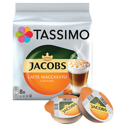 Кофе в капсулах JACOBS "Latte Macchiato Caramel" для кофемашин Tassimo, 8 порций (16 капсул), 8052186 по низкой цене оптом 
