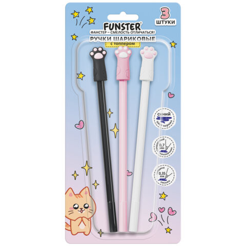 Ручки с топпером шариковые FUNSTER "CAT PAWS", НАБОР 3 ШТУКИ, СИНИЕ, пишущий узел 0,7 мм, линия письма 0,35 мм, 144375 по низкой цене оптом 