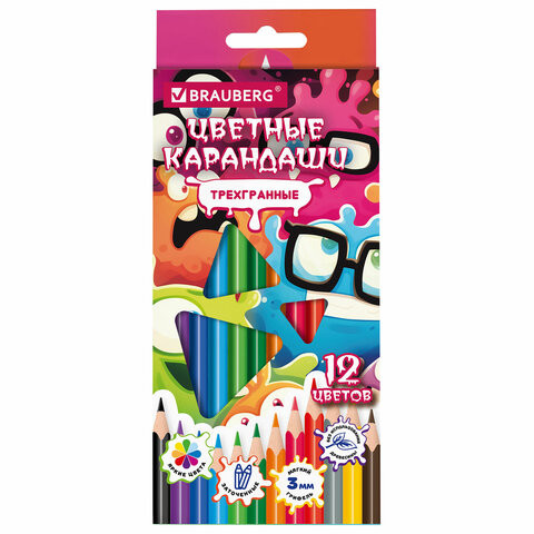 Карандаши цветные кросс-серия МОНСТРИКИ, 12 цветов, трехгранные, BRAUBERG, 182112 по низкой цене оптом 