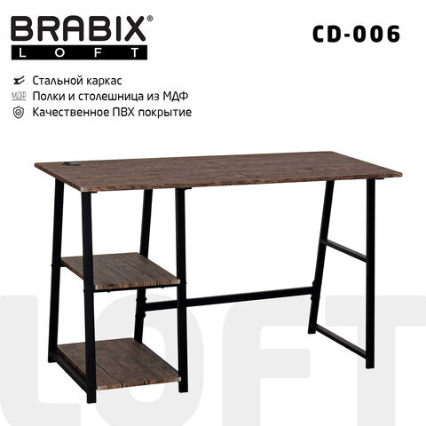 Стол на металлокаркасе BRABIX "LOFT CD-006", 1200х500х730 мм, 2 полки, цвет морёный дуб, 641224 по низкой цене оптом 