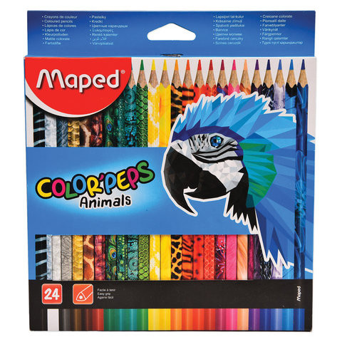 Карандаши цветные MAPED (Франция) "Color'Peps Animals'", 24 цвета, трехгранные, заточенные, европодвес, 832224 по низкой цене оптом 